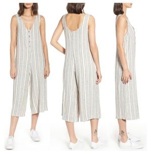 BP Button Front Striped Linen Blend Jumpsuit
